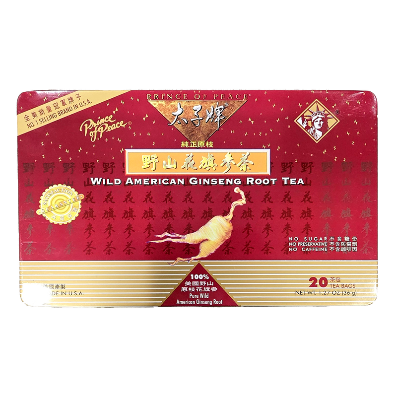 A package of Prince of Peace Wild American Ginseng Root Tea, 20 tea bags.