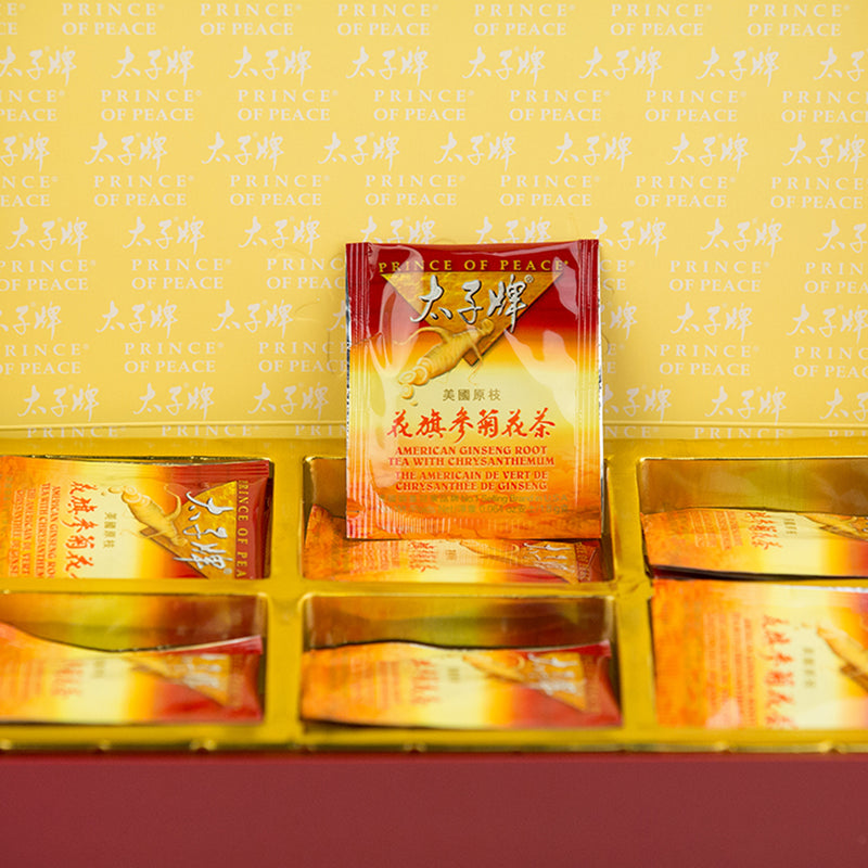 Prince of Peace American Ginseng Root Tea with Chrysanthemum Tea bag in a tray.