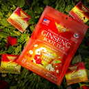 A package of Wisconsin American Ginseng Assorted Root Tea bags on a rosebush.