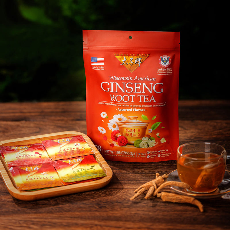 A cup of Wisconsin American Ginseng Assorted Root Tea on a table with package and tea bags around.