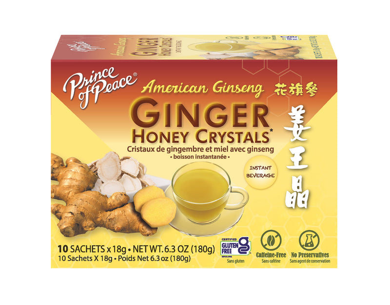 Prince of Peace Instant American Ginseng Ginger Honey Crystals, 10 sachets front panel.