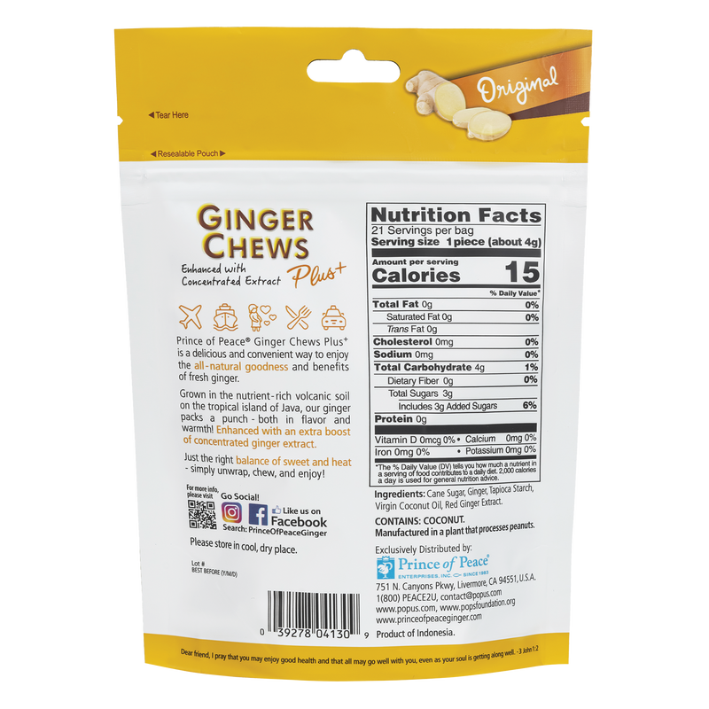 Prince of Peace Ginger Chews Plus+, Original, 3oz back panel and NFT