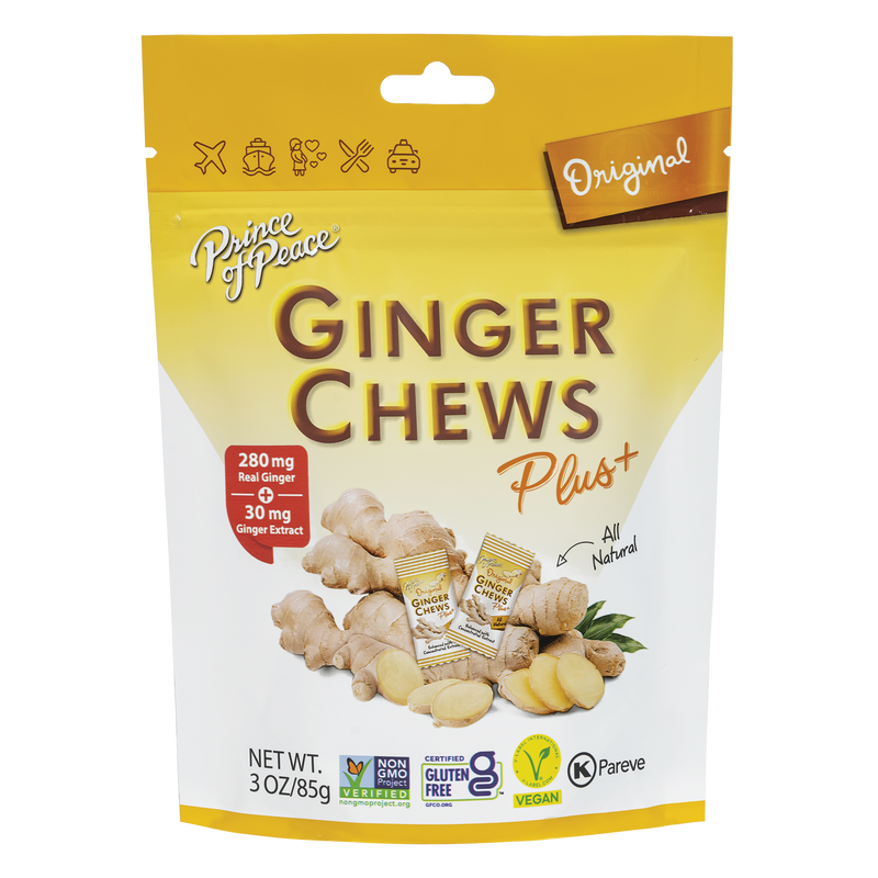 Prince of Peace Ginger Chews Plus+, Original, 3oz front panel