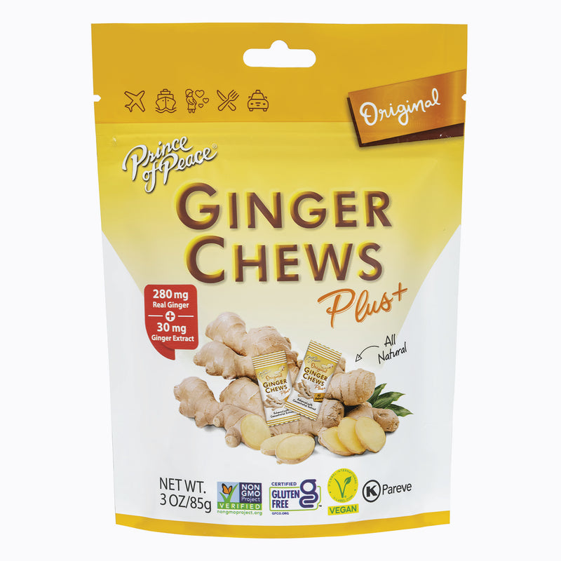 Prince of Peace Ginger Chews Plus+, Original, 3oz front panel.