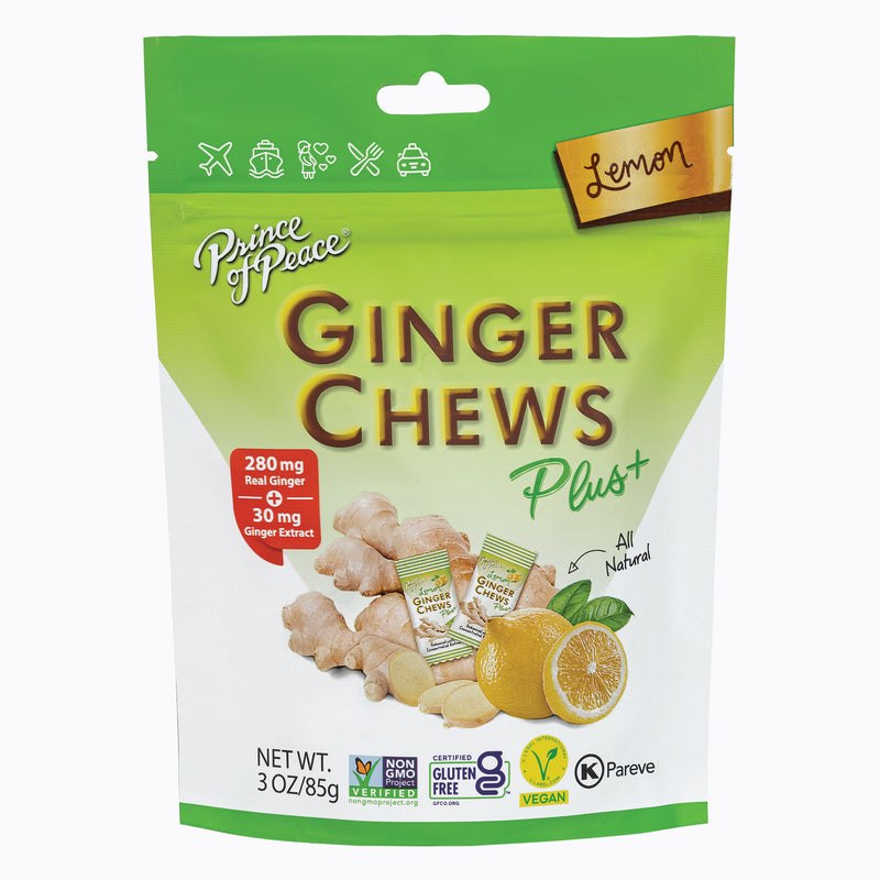 Prince of Peace Ginger Chews Plus+, Lemon, 3oz front panel.