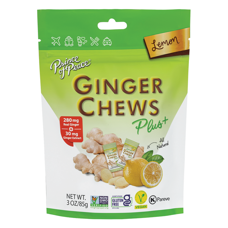 A package of Prince of Peace Ginger Chews Plus+, Lemon, 3oz.