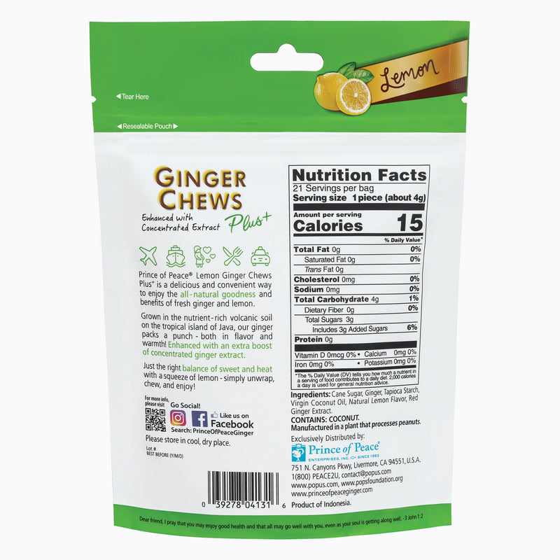 Prince of Peace Ginger Chews Plus+, Lemon, 3oz back panel and NFT.