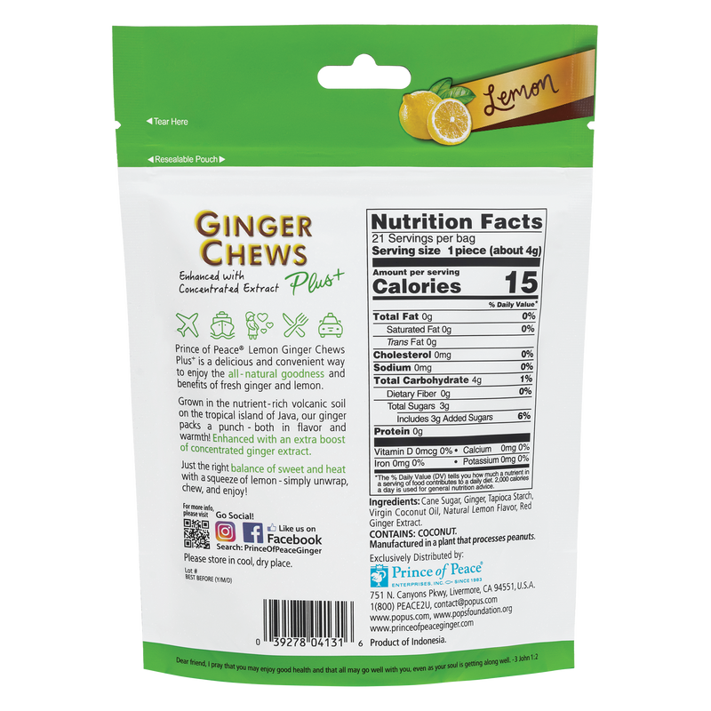 Prince of Peace Ginger Chews Plus+, Lemon, 3oz-back panel and NFT.