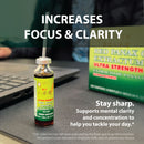 Increase focus & clarity. Stay sharp. Supports mental clarity and concentration to help you tackle your day.* *This statement has not been evaluated by the Food and Drug Administration. This product is not intended to diagnose, treat, cure, or prevent any disease. A bottle of Panax Ginseng Extract on a desk next to a laptop.